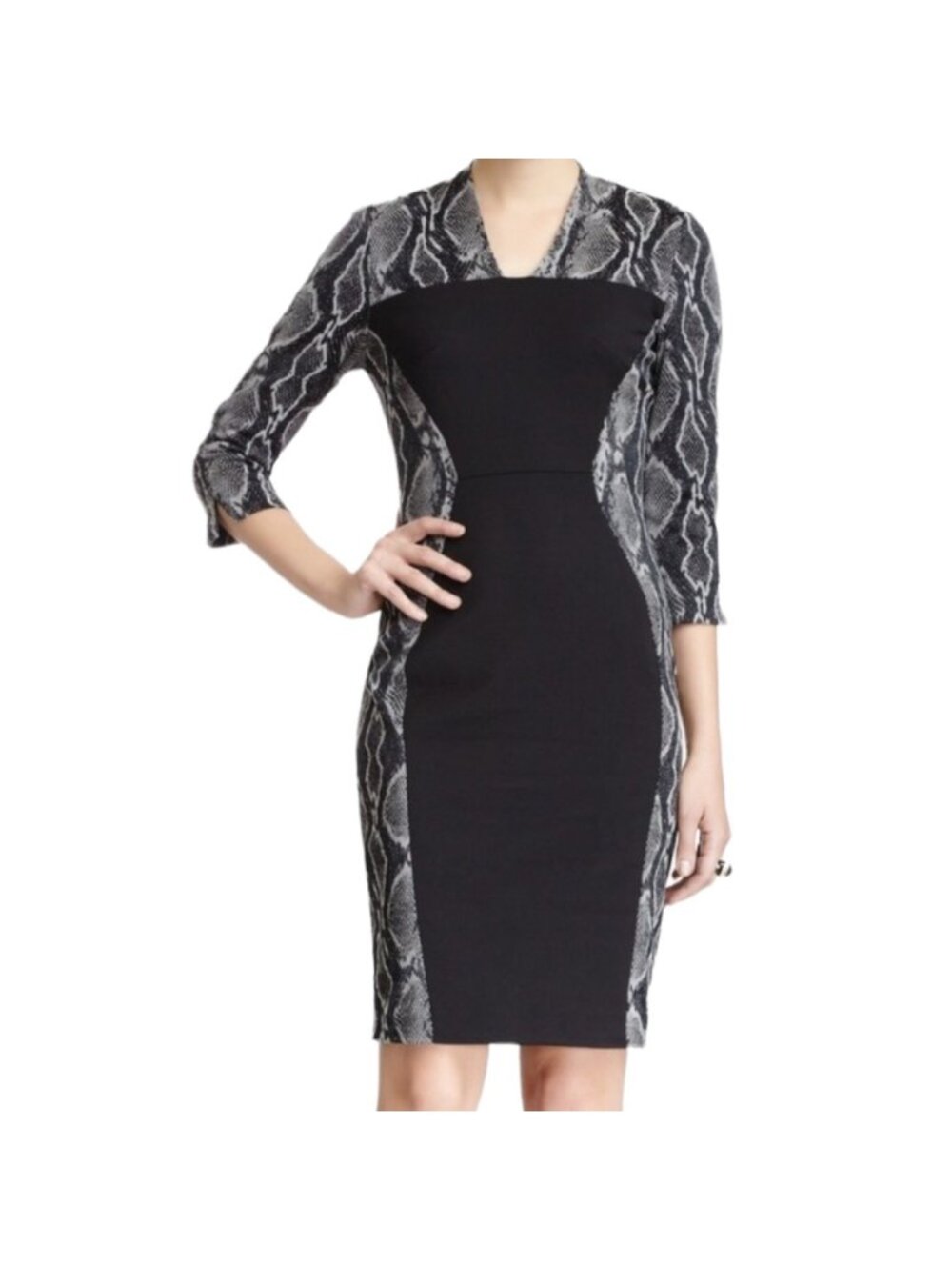 French Connection Women's Black Snake Skin Print Sheath Dress, 3/4-Sleeve Size 6